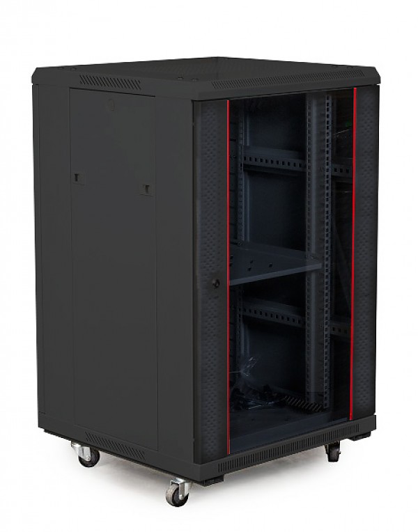 Floor-standing 19" cabinet, 18U, glass door, 930 x 600 x 600 mm, black 