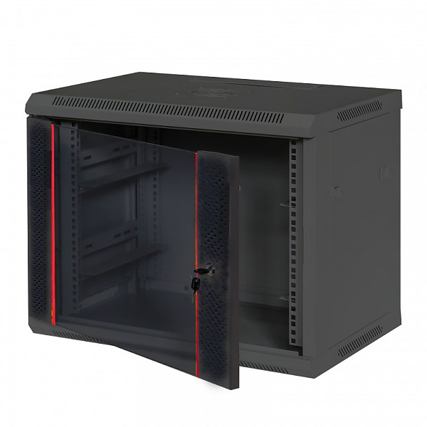 Wall-mounted 19" cabinet, 9U, glass door, 480 x 600 x 440 mm, black 