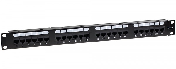 Patch panel, 24-port, UTP, cat. 5e, 1U, 19", Dual block, w/cable holder 