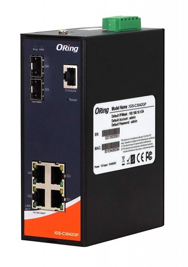 ORing IGS-C3042GP, Industrial Managed switch, 4x 10/1000 RJ-45 + 2x100/1G/2.5G SFP, O/Open-Ring <30ms