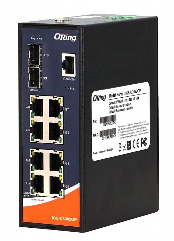 ORing IGS-C3082GP, Industrial Managed switch, 8x 10/1000 RJ-45 + 2x100/1G/2.5G SFP, O/Open-Ring <30ms