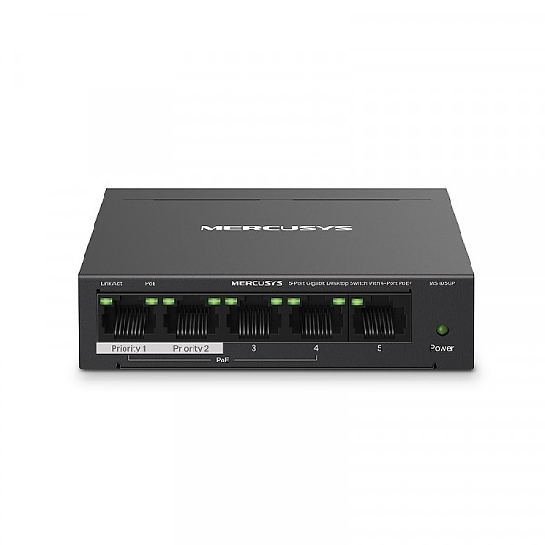 TP-Link Mercusys MS105GP, Unmanaged switch, 5x 10/100/1000 RJ-45, PoE+, desktop